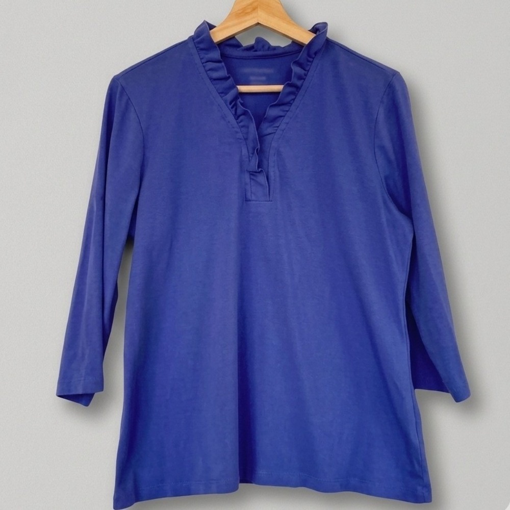 Appleseed's Womens Blue Ruffle V-Neck 3/4 Sleeve Knit Top Coastal Preppy Regency